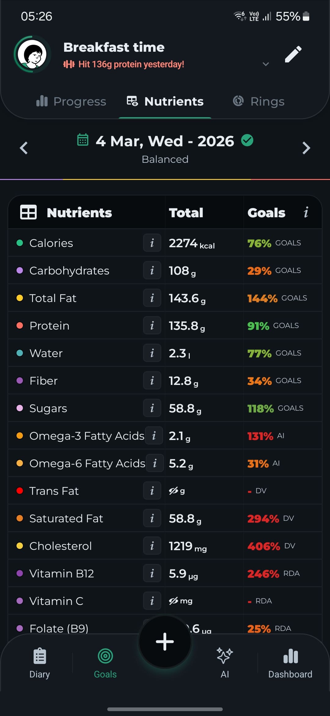 Nutrivine app showing detailed nutrition tracking with 60+ micronutrients